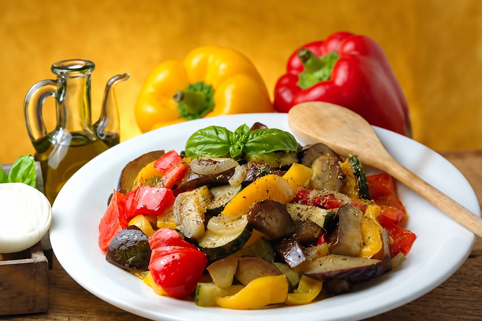 Piatto di verdure cotte con peperoni, melanzane e zucchine